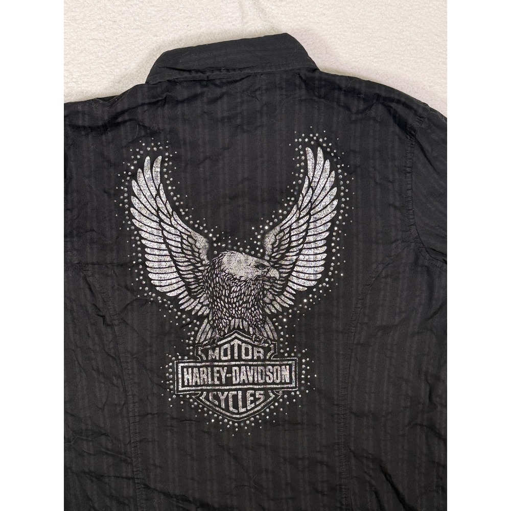 Harley Davidson Rhinestone Eagle Angel Wings Long Sleeve Button Up Shirt BLK XL
